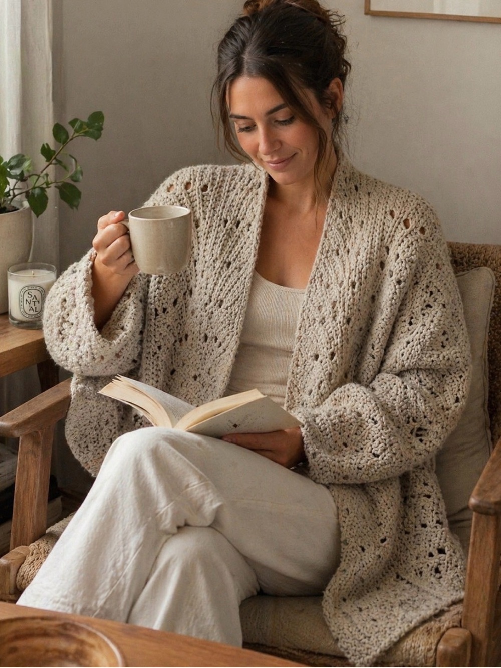 moon & madison Chunky Open-Knit Cardigan in Beige